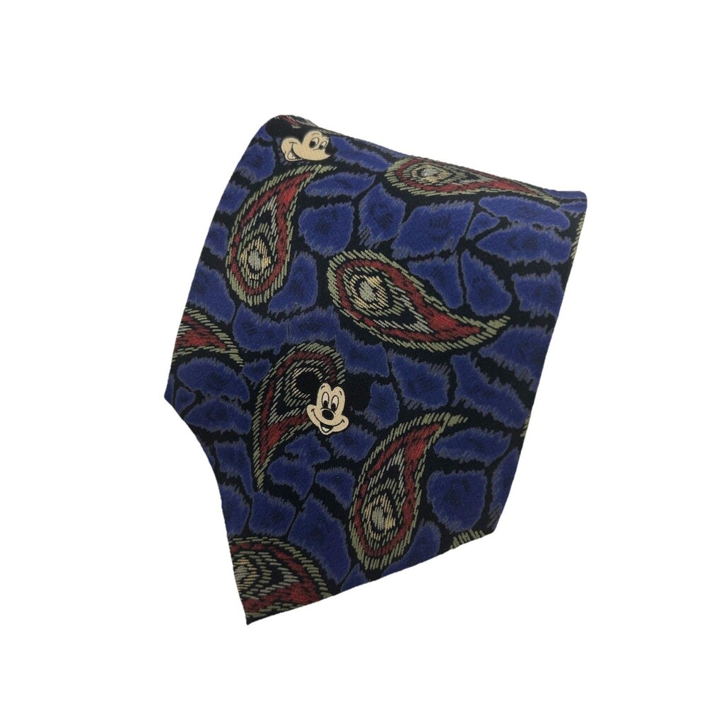 Vintage Disney Mickey Mouse Tie Paisley Blue‎ Red Silk Made in USA  57" X 3.75"